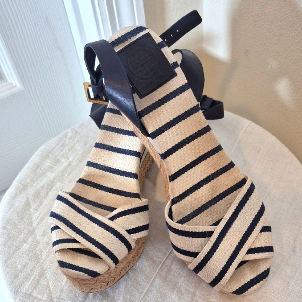 Tory Burch White And Navy Blue Stripe Espredrille Platform Wedges Size 9
